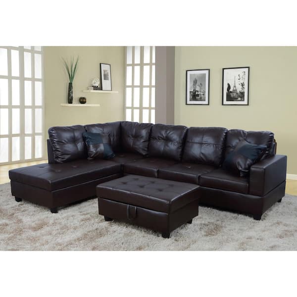 Left Facing Chaise Sectional Sofa, Faux Leather Brown Sectional Couch