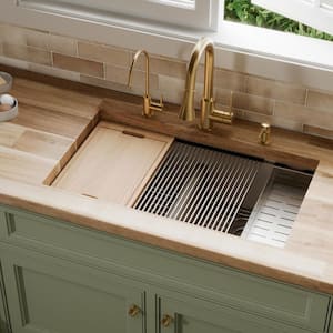 QUWS-880 Quartz/Granite 32-1/2 in. Double Bowl Undermount Workstation Kitchen Sink in Concrete