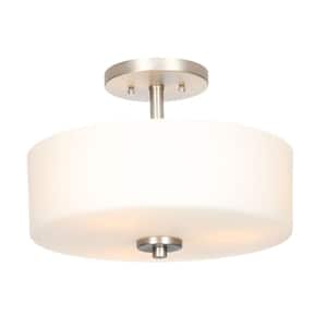 14 in. 3-Light Brushed Nickel Semi-Flush Mount with White Glass Drum Shade