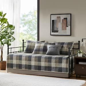 Pioneer 6-Piece Neutral Plaid Reversible Microfiber Daybed Daybed Bedding Set