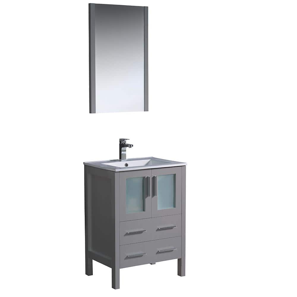 Gray Ceramic and Engineered Wood Single Vanity Set with Mirror