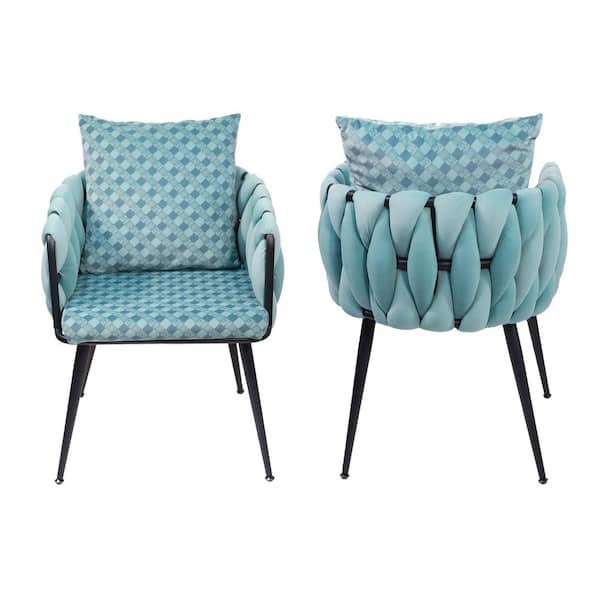 Unbranded Blue Velvet Accent Arm Chair Set of 2 Hand Weaving Dining Chairs Modern Upholstered Side Chair with Metal Legs & Pillows