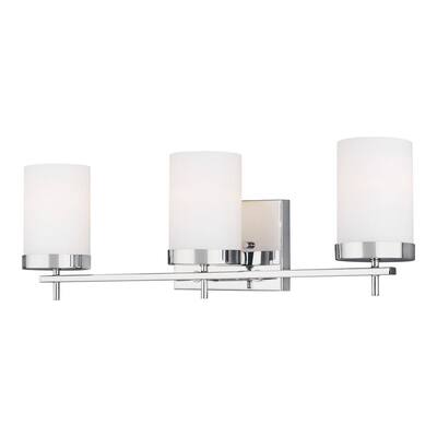Zire 24 in. W 3-Light Chrome Vanity Light with Etched White Glass Shades