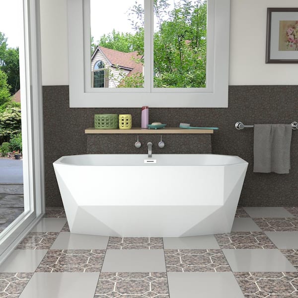 Streamline 63 in. Acrylic Flatbottom Non-Whirlpool Bathtub in Glossy White with Polished Chrome Drain and Overflow Cover