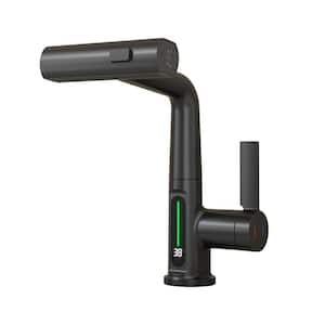 Single-Handle Pull-Out Single Hole Bathroom Faucet with LED Temperature Digital Display in Matte Black