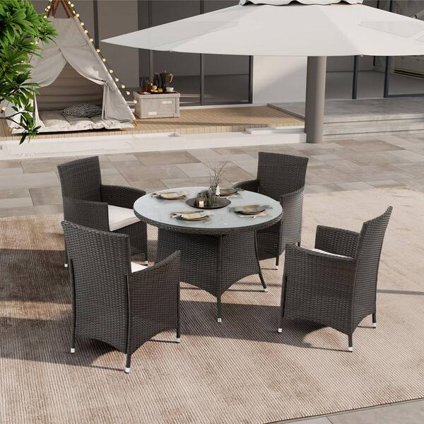 Boosicavelly 5-Piece Wicker Outdoor Dining Set with White Cushions