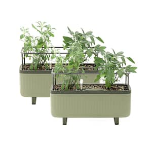Herb Planter Box Recyclable Plastic with Trellis Self-Watering Rolling Raised Bed for Vegetables, Sage Green (2-Pack)