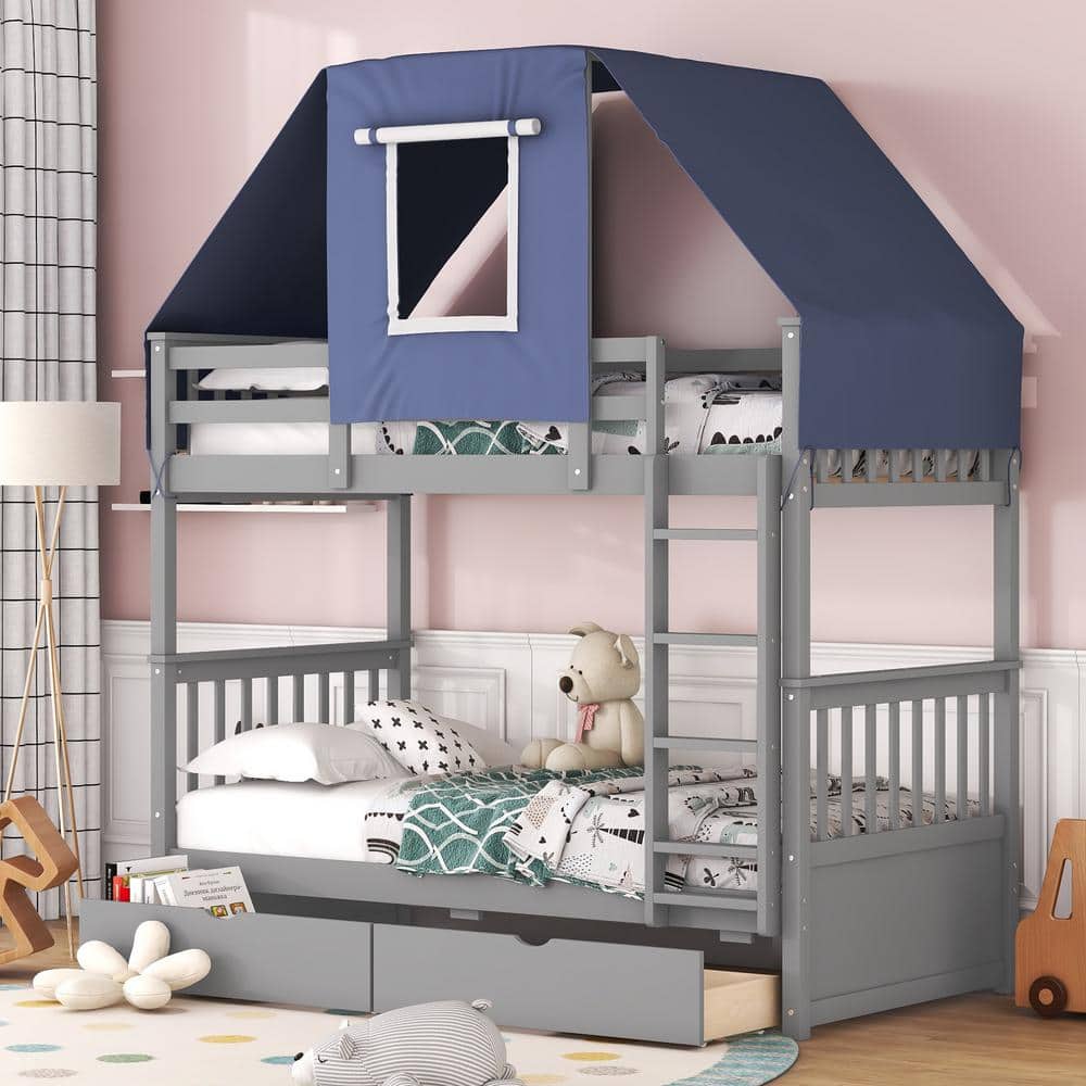 Harper & Bright Designs Detachable Gray Twin over Twin Wood Bunk Bed