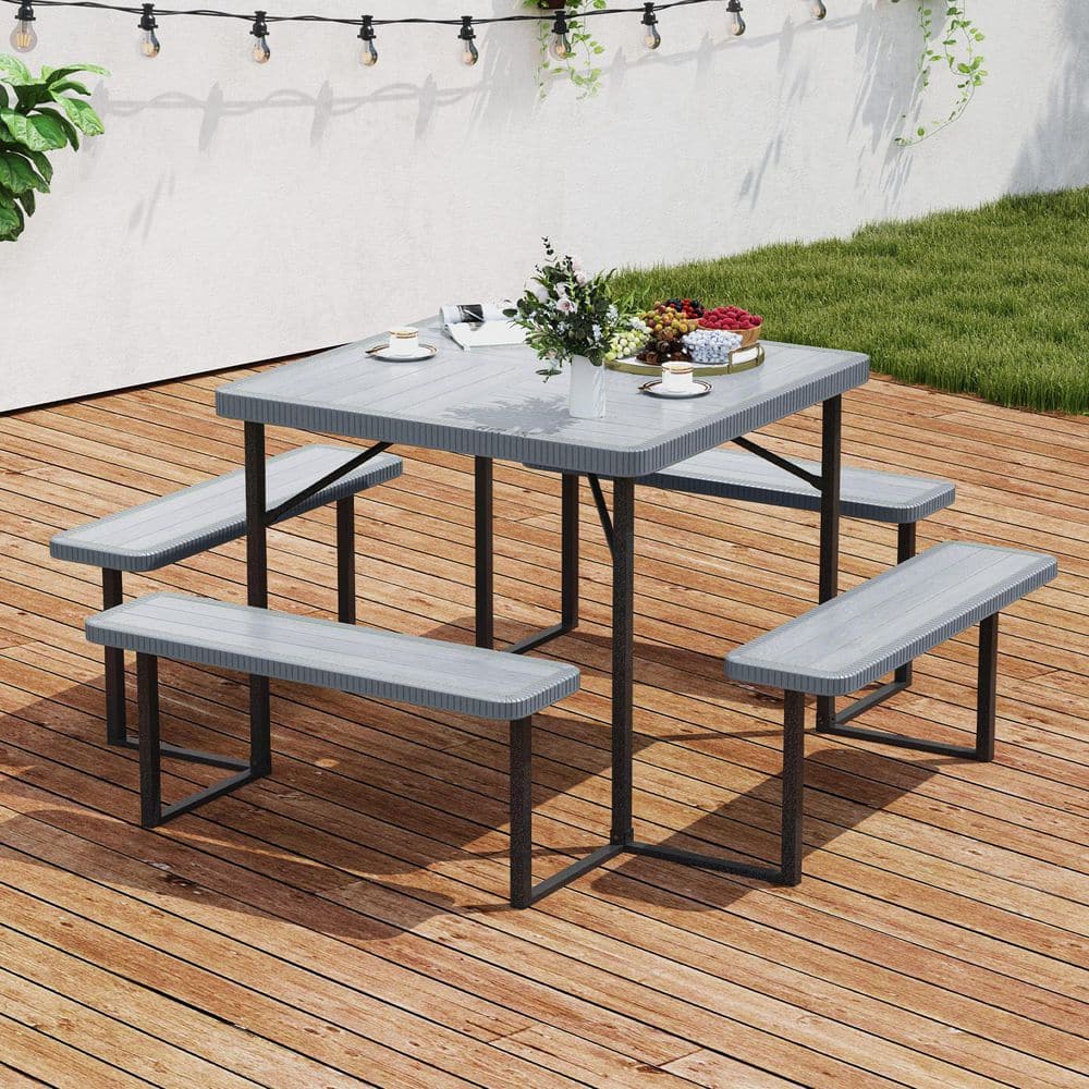 63 in. Gray Square Steel and HDPE Picnic Tables Bench Set with Umbrella Hole price history on PriceWatchPro