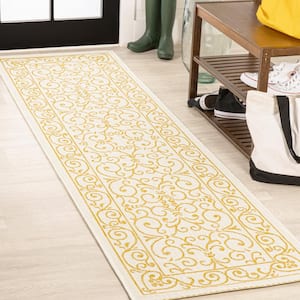 Charleston Vintage Filigree Textured Weave Cream/Yellow 2 ft. x 10 ft. Indoor/Outdoor Area Rug