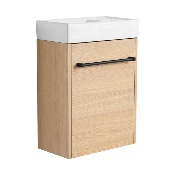 16.1 in. W x 8.9 in. D x 22.8 in. H Single Sink Bathroom Vanity in Light Brown with White Ceramic Top For Small Bathroom