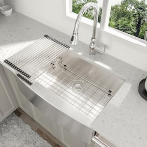 30 in. Farmhouse Single Bowl 16 Gauge Brushed Nickel Stainless Steel Kitchen Sink with Bottom Grid