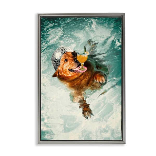 Stupell Industries Disco Dog in Pool by Graffi*tee Studios Gray Floater Frame Animal Graphic Art Print 25 in. x 17 in.