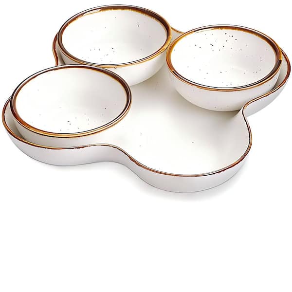 10.1 in. Speckled Ceramic Divided Serving Platter, Small Appetizer Tray with 4 Removable Dishes for Nuts, Candy, White