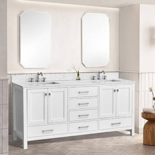 72 in. Freestanding Solid Wood White Bath Vanity with White Engineered Marble Top and Soft Close Drawers