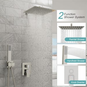 1-Handle 2-Spray Square Wall Mount Shower Faucet with 12 in. Shower Head Shower Hand in Brushed Nickel (Valve Included)