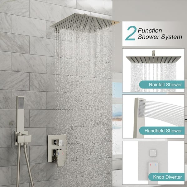 1-Handle 2-Spray Square Wall Mount Shower Faucet with 12 in. Shower Head Shower Hand in Brushed Nickel (Valve Included)