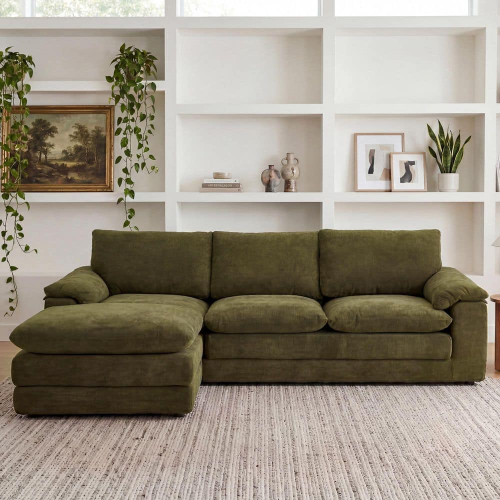 Seafuloy 104.3 in. Pillow Top Arms 3-piece Comfy Chenille L-Shape Cloud Couch with 1 Movable Ottoman Sectional Sofa in Green JM-mksf-V1