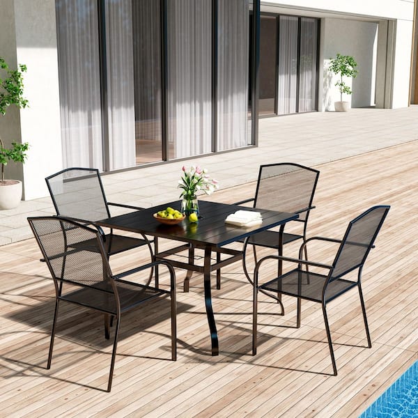 Clihome 5-Piece Metal Outdoor Patio Set 4 Mesh Chairs & 36" Dining Table with Umbrella Hole, Rust-Resistant, Easy to Assemble