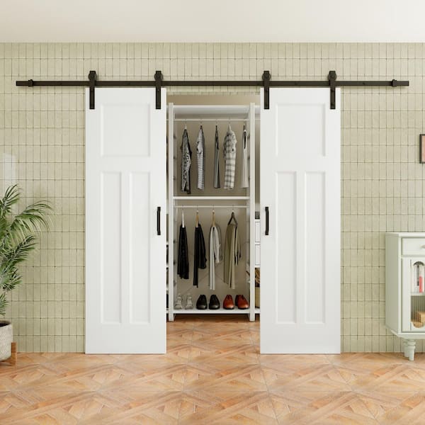 48 in. x 80 in. T Shape 3 Panel Solid Core White Primed MDF No Assembly Required Sliding Barn Door with Hardware Kit