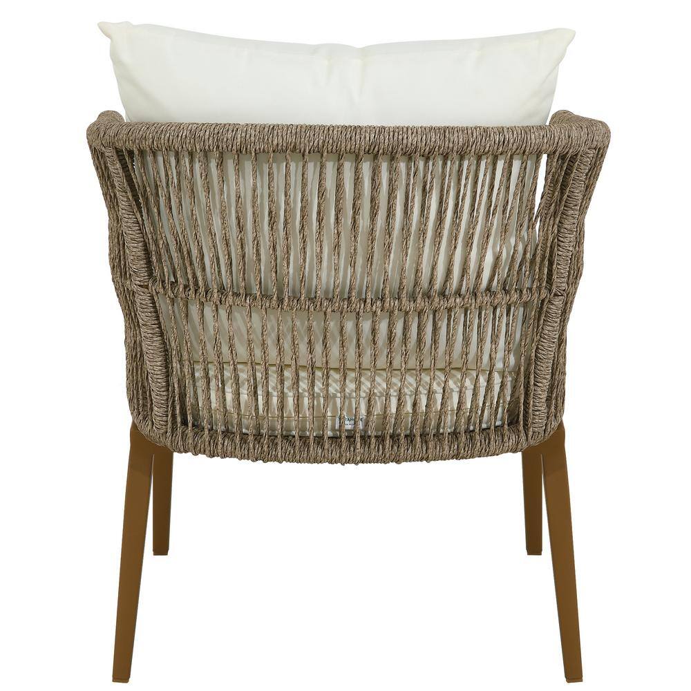 Tan Wicker Dining Chair with Cushions and Steel Frame
