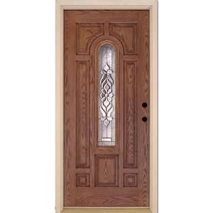 37.5 in. x 81.625 in. Lakewood Brass Center Arch Lite Stained Medium Oak Left-Hand Inswing Fiberglass Prehung Front Door
