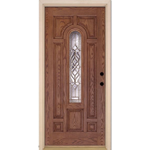 Feather River Doors 37.5 in. x 81.625 in. Lakewood Brass Center Arch Lite Stained Medium Oak Left-Hand Inswing Fiberglass Prehung Front Door