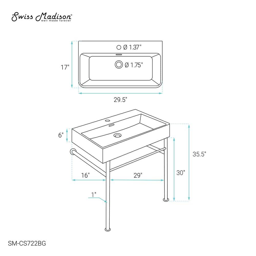 Claire 30" White Ceramic Console Sink with Brushed Gold Legs