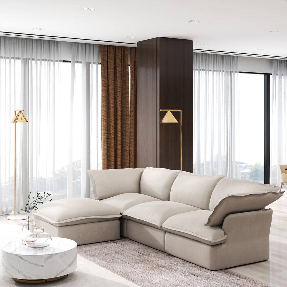 122 in. Flared Arm 4-Piece linen Modular Sectional Sofa in Beige with Storage Ottoman