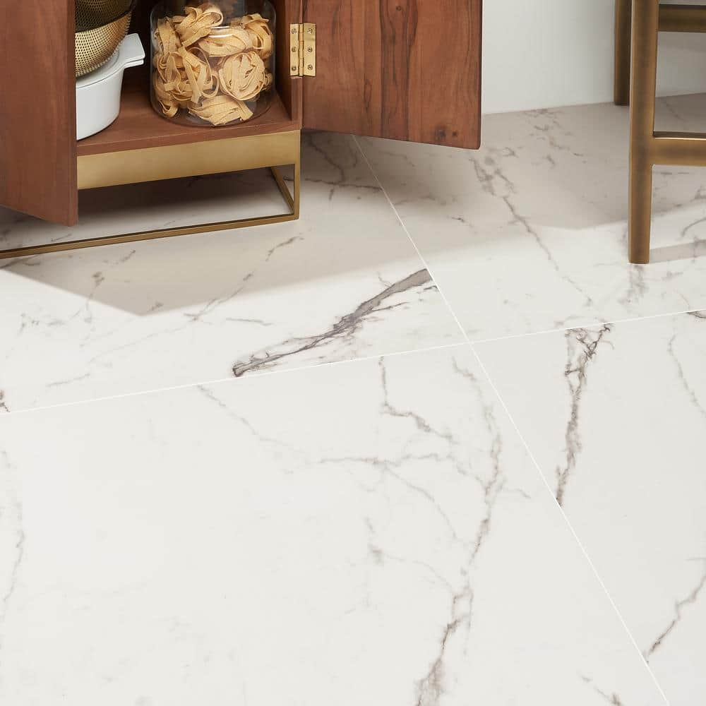 Enigma 24'' x 24'' Matte White Marble Look Porcelain Tile