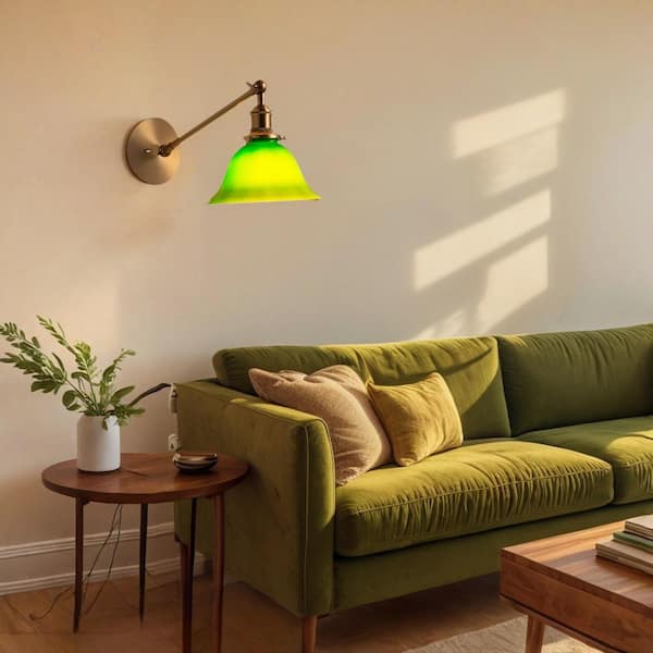 Modern 7.3 in. 1 Light Plug in Brass Wall Sconces with Green Glass Swing Arm Shade, Reading Wall Lamp with Switch