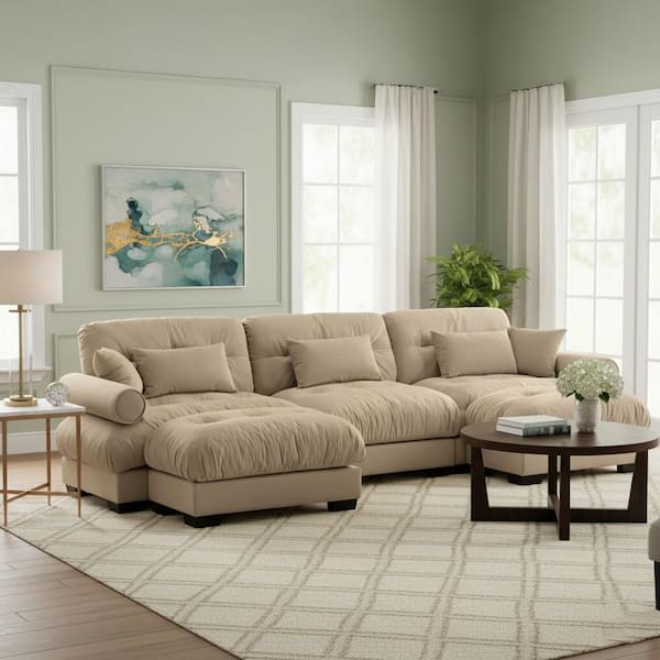 Homy Casa BLASTAR 130 in. Velvet 3-Seater Sectional Sofa with Round Bolster Arms and Modular Ottoman in Camel Brown