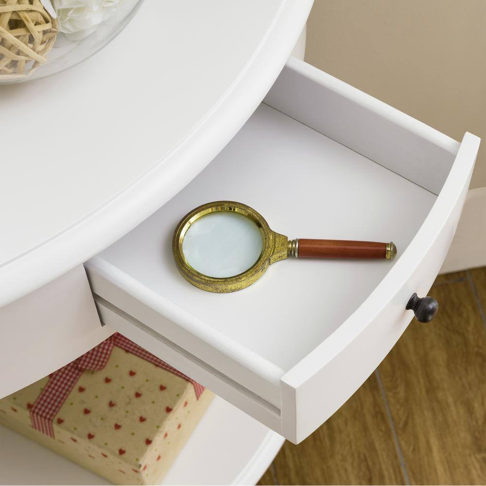 White Triangular Solid Wood Corner Table with Storage Drawer