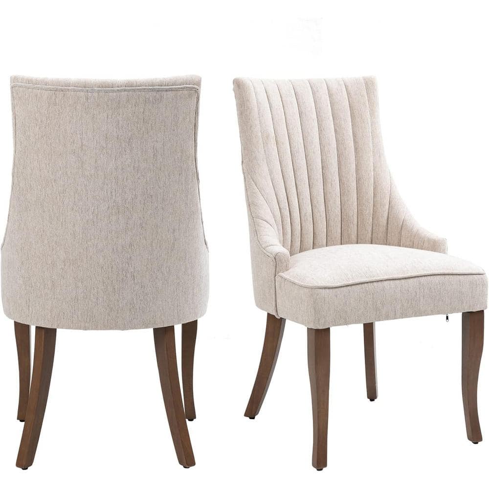 Beige High Back Linen Upholstered Side Chair with Wood Legs
