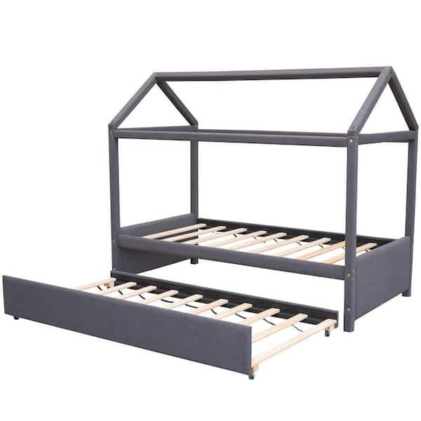 URTR 39 in.W Gray Wood Frame Twin Size Upholstered Platform Bed with Trundle, Solid Wood House Bed with Roof