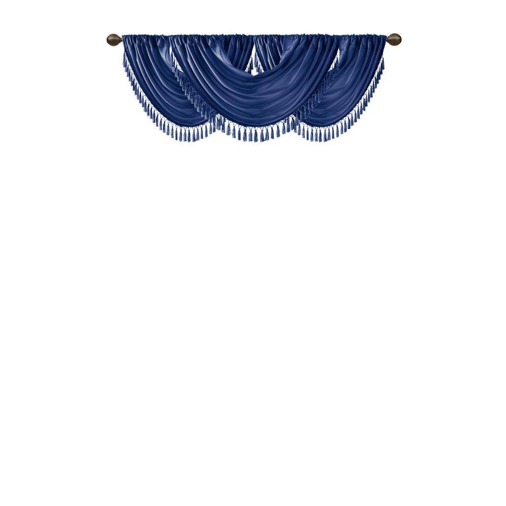 Navy Faux Silk Waterfall Valance with Tassel Trim