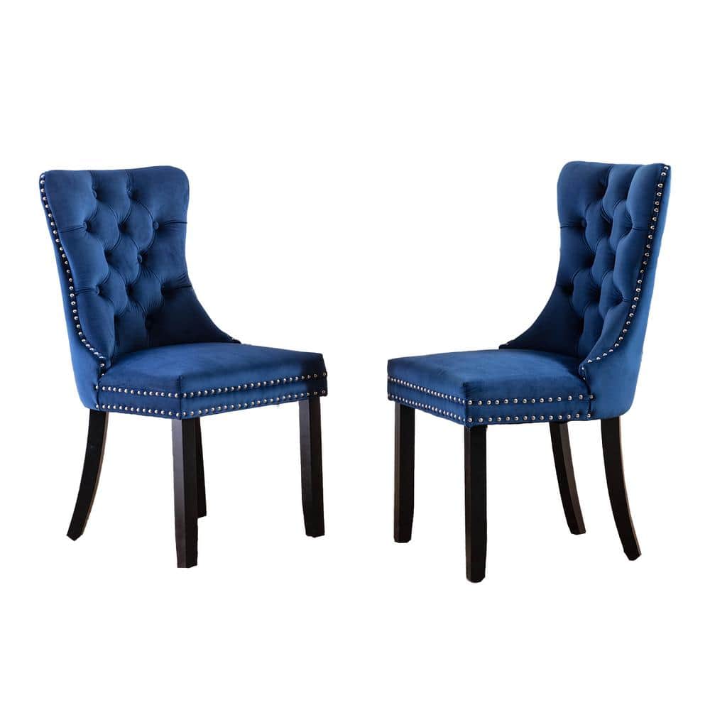 Dark Blue Solid Wood Velvet Upholstered Dining Chair with Nailhead Trim (Se