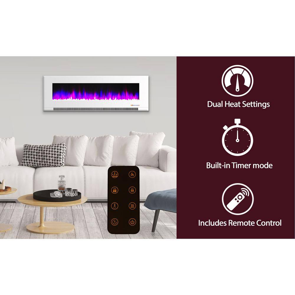 60-Inch White Wall-Mount Electric Fireplace with LED Flames