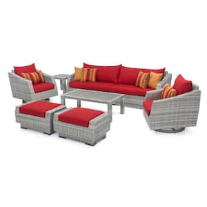 Cannes 8-Piece All-Weather Wicker Patio Deluxe Sofa and Club Chair Conversation Set with Sunset Red Cushions