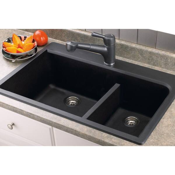 25 x 18 x 9 Transolid RTDJ3322-12-CAE Radius Granite 3-Hole Drop-in Double-Bowl Kitchen Sink Espresso