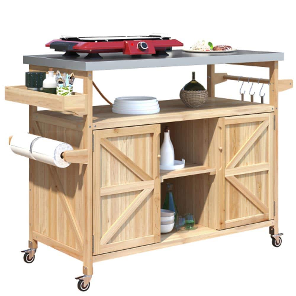 Kitchen Island Wood Outdoor Bar Rolling Cart Storage Cabinet Table w/Stainl