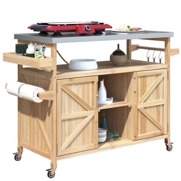 Unbranded Kitchen Island Wood Outdoor Bar Rolling Cart Storage Cabinet Table w/Stainless Steel Top Spice And Towel Rack in Natural