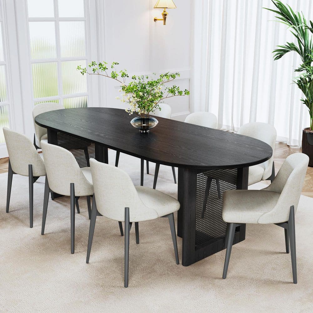 9-Pieces Black Oval Wood Top Rattan Base Dining Table Set 8 Seats with Wood Frame, Upholstered Ergonomic Dining Chair price history on PriceWatchPro