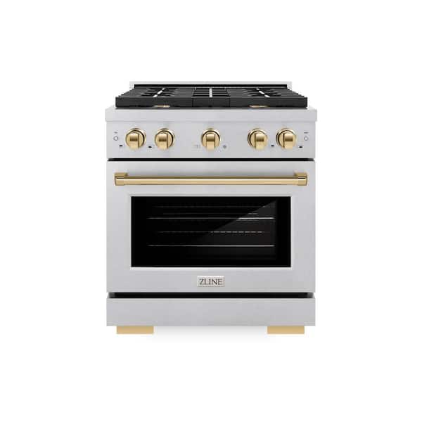 ZLINE Kitchen and Bath Autograph 30 in. Paramount Gas Range with 4 Burners and Convection Gas Oven in Satin Steel and Polished Gold Accents