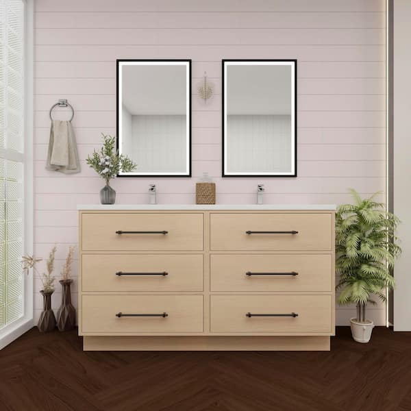 Victoria 59 in. W x 20 in. D x 35 in. H Double Sink Freestanding Yellow Oak Double Bath Vanity with White Acrylic Top