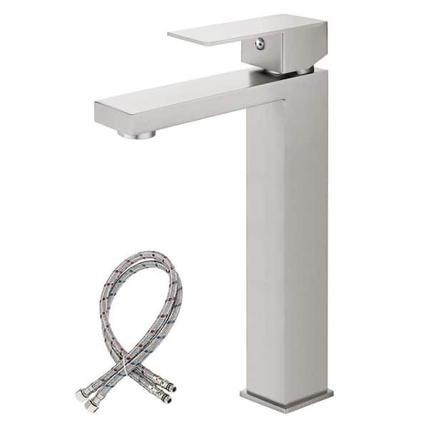 BWE Single Hole Single Handle Bathroom Vessel Sink Faucet With Supply Hose in Brushed Nickel