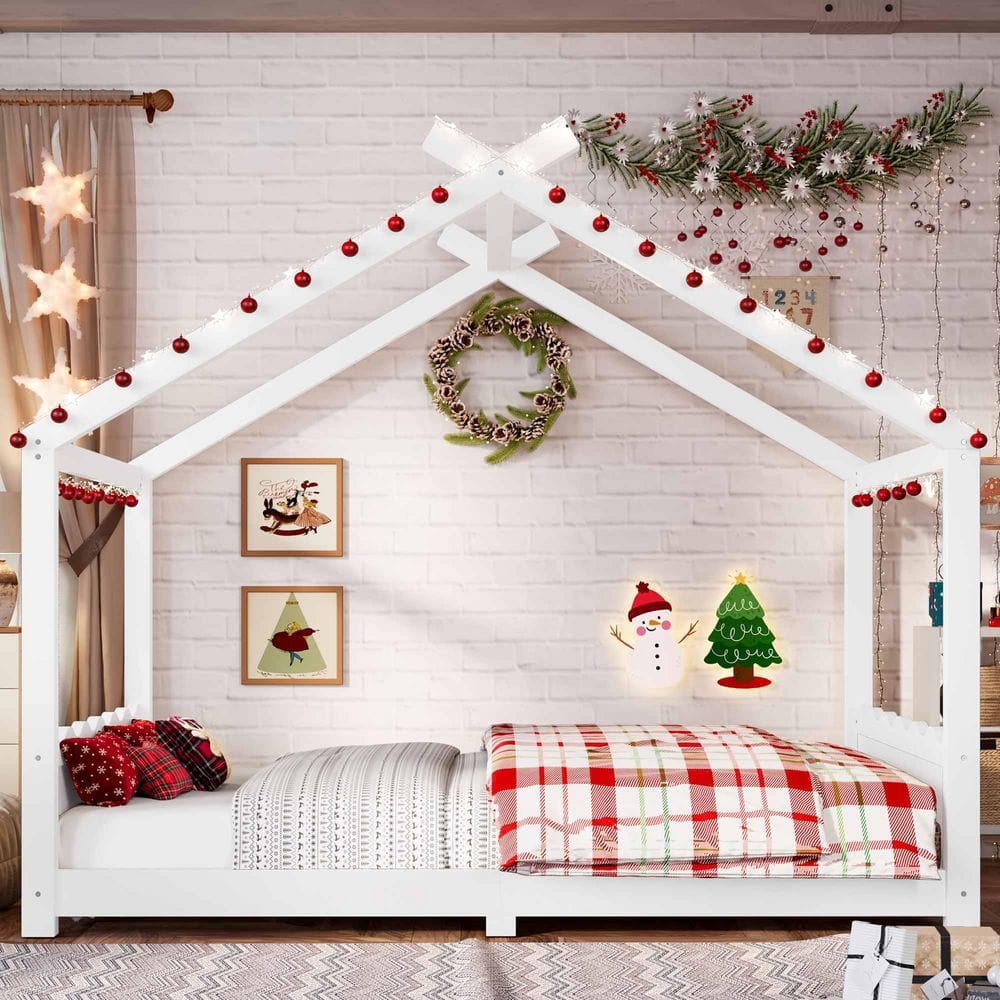 White Pine Wood Frame Full Platform Bed with Support Slats, Solid Wood and Opening Constructure
