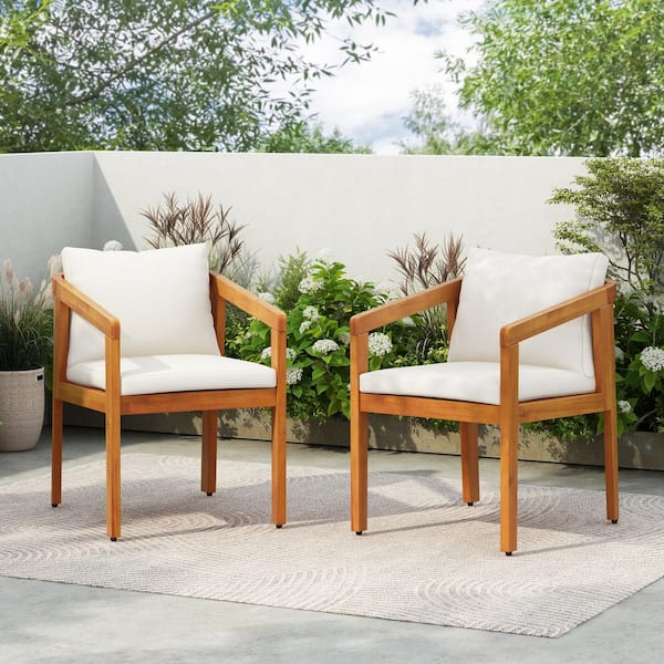 Damla Natural Finish Acacia Wood Patio Outdoor Dining Chair with Beige Cushions, (Set of 2)