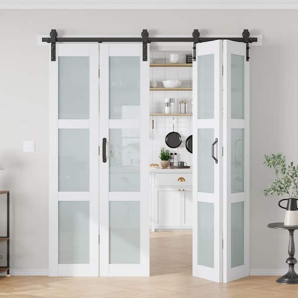 72 in. x 84 in. 3/4 Lite Frosted Glass Solid Core MDF White PVC Bi-fold Door with Hardware