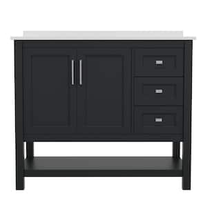 Vega 42 in. Black Bathroom Vanity with Sink, Cabinet, Open Shelf, 3 Drawers, White Faux Carrera Marble Stone Countertop